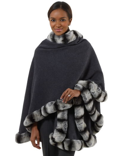 Ultra soft cashmere/wool ruana trimmed with multi colored rabbit fur. Dry clean. Made in Italy.