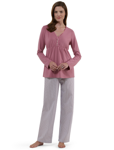 Feminine long sleeve v-neck knit top with satin binding around neck, gathered empire waist, with three decorative buttons at bust. Broadcloth lounge pants have drawstring waist with half elastic back and clean front. Presented in an organza bag embroidered with Brooks Brothers script logo. Machine wash. Imported.