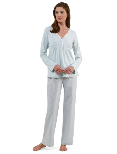 Feminine long sleeve v-neck knit top with satin piping around neckline, gathered empire waist, with three decorative buttons at bust. Broadcloth lounge pants have drawstring waist with half-elastic back and clean front. Presented in an organza bag embroidered with Brooks Brothers script logo. Machine wash. Imported.