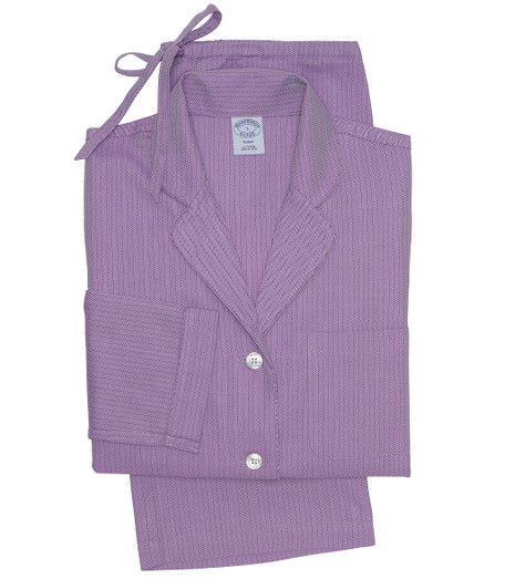 Classic pajamas comfortably styled with button-front notch collar top with piping. Chest patch pocket. Bottoms have drawstring waist, half elastic back, clean front and locker loop. Presented in an organza travel bag embroidered with Brooks Brothers script. Machine wash. Imported.
