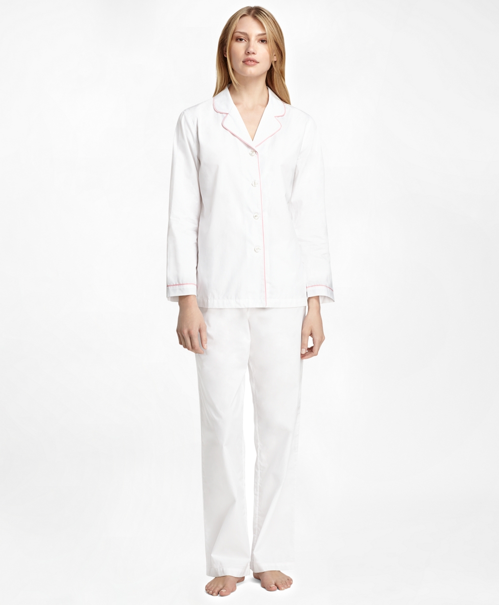 Women's White Pajamas with Pink Piping | Brooks Brothers