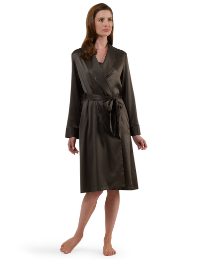 Pure silk blended with spandex for the perfect fit. Elegant shawl collar and self-fabric belt with piped edges. Three-quarter length. Hand wash and line dry. Imported.