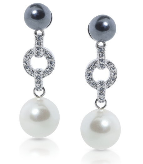 Beautiful linear drop earrings with two glass pearls, one white and one black. Pearls are separated with pave crystal station. Sterling silver fishhook. 2" long. Presented in a gift box. Imported.