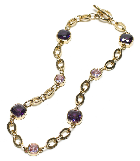 Cushion cut purple cubic zirconia with 14k gold-plated base metal link necklace. Toggle closure. 18" long. Presented in a gift box. Imported.