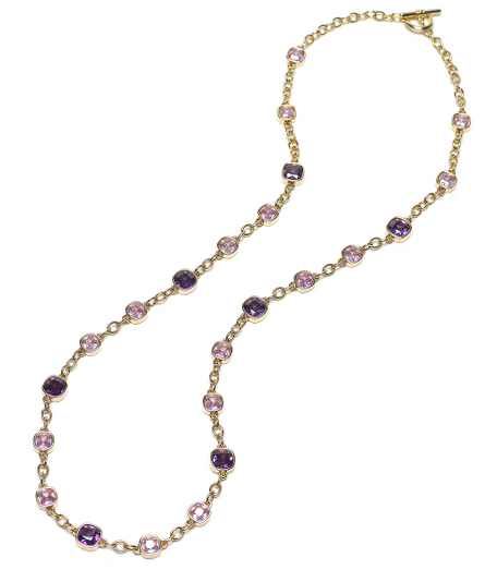 Cushion cut purple cubic zirconia with 14k gold-plated base metal link necklace. Toggle closure. 36" long. Presented in a gift box. Imported.