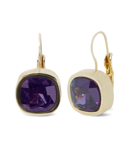 Cushion cut purple cubic zirconia with 14k gold-plated base metal leverback earring. .75" long. Presented in a gift box. Imported.