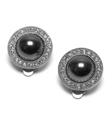 Adorn your outfit with our tastefully appointed earrings. Austrian crystal pave surrounding 10mm glack glass pearl. Sterling silver clip on backings. Presented in a gift box. Imported.
