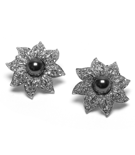 Adorn your outfit with our tastefully appointed earrings. Flower shaped pave Austrian crystal surrounding 6mm black glass pearl. Sterling silver clip on backings. Presented in a gift box. Imported.