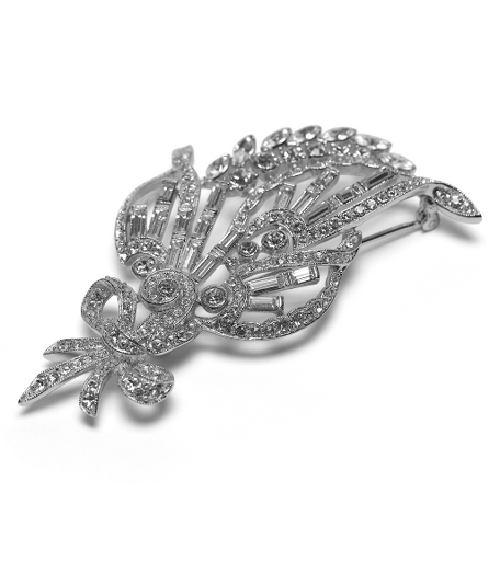 Add an elegant finishing touch to your ensemble. Sterling silver pave crystal of leaves in a bouquet shape. 3" long, 1.25" wide at widest point. Presented in a gift box. Imported.