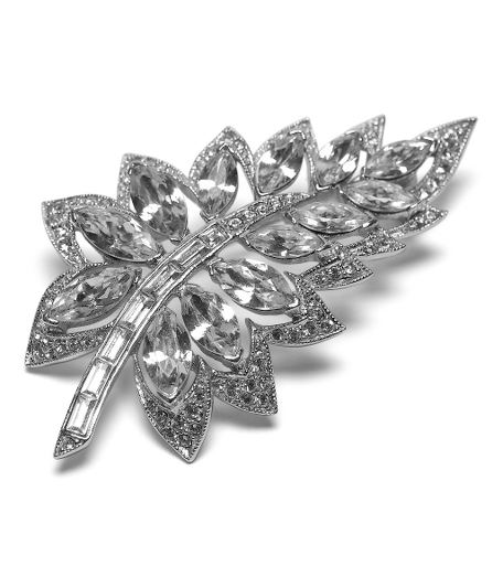 Add an elegant finishing touch to your ensemble. Sterling silver pave crystal pin shaped like a leaf. 2.5" long, 1.25" wide. Presented in a beautiful gift box. Imported.