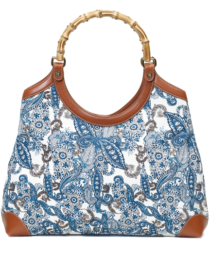 Cotton canvas. Shiny brass hardware. Lined with beige moire. Interior pocket. Cell phone pocket. Open pocket. Bamboo handle and zipper pull on inside pocket. 16" x 15" x 6 1/2". 8 1/2" from top of bag to handle. Imported.