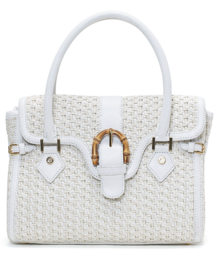 Leather/ Italian straw. Gold hardware. Lined in beige moire. Interior zippered pocket, cell phone pocket and open pocket. Magnetic snap closure. Real bamboo closure. 11" x 9" x 3". 6" from top of bag to top of handle. Imported.