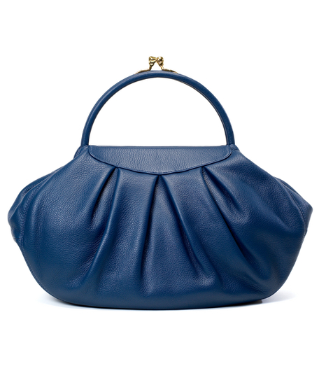 Pebbled leather. Gold hardware. Soft white is lined in beige moire, blue is lined in black moire. Interior zippered pocket, cell phone pocket and open pocket. Frame snap closure. 16 1/2" x 11" x 4". 4" from top of bag to top of handle. Imported.