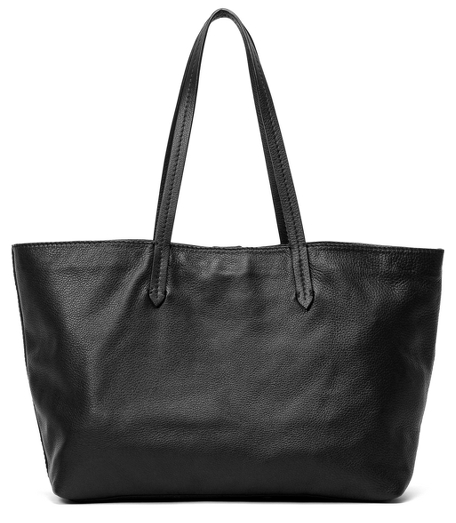 Pebble leather. Interior zipper pocket. Magnetic snap. 14" x 11" x 5 1/2". 9" from top of bag to top of handle. Hanging pocket with credit card pocket. Tone-on-tone stitching. Imported.