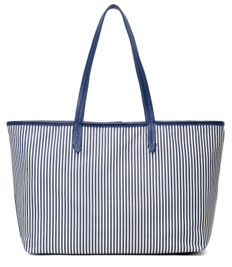 Cotton/polyester. Gold-toned hardware. Interior zippered pocket. Magnetic snap. Hanging pocket with credit card pocket. Tone-on-tone stitching. 14" x 11" x 5 1/2". 9" from top of bag to top of handle. Imported.