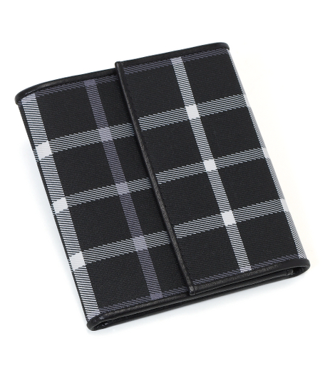 Polytattersall and leather. Gold metal hardware. Lined with grey/black moire. Interior pockets. 4 1/2" X 4" X 1/2". Imported.