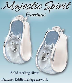 Click here to buy Majestic Spirit Sterling Silver Wolf Art Earrings by The Bradford Exchange.
