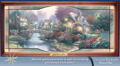 Thomas Kinkades Garden Of Light Panorama - Thomas Kinkade Lamplight Lane Painting Captured as First-Ever Collectible Stained Glass Art Panorama! Its Lit from Within!