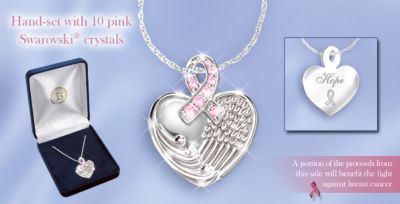 Angels Wings Of Hope Breast Cancer Charity Pendant Necklace - Sterling Silver Heart-shaped Breast Cancer Pendant Necklace with Swarovski&reg; Crystals! Exclusive Breast Cancer Jewelry