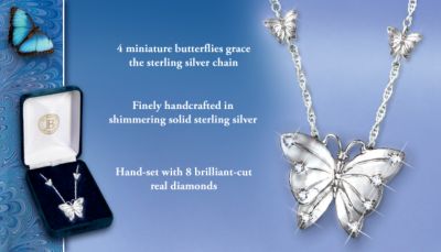 Butterfly Kisses Pendant - Sterling Silver and Diamond Butterfly Necklace a Fine Sterling Silver Jewelry with 8 Brilliant-cut Diamonds! Exclusive Design