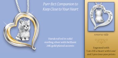 Purr-fect Companion Heart Shaped Keepsake Cat Pendant Necklace - Exclusive Sterling Silver Cat Pendant Necklace is the Perfect Cat Lover Gift! 24K Gold Accents, Engraved Message, FREE Chain!