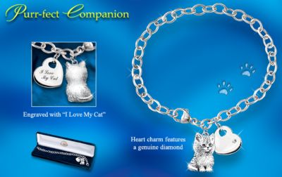The Purr-fect Companion Keepsake Cat Charm Bracelet - Keepsake Sterling Silver Cat Charm Bracelet a Unique Cat Lover Gift! Exclusive Design, 1 Cute Kitten, 1 Genuine Diamond!