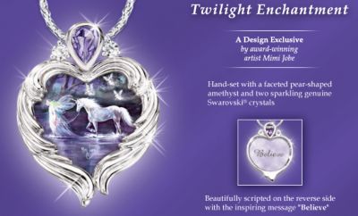 Twilight Enchantment Unicorn And Fairy Fantasy Jewelry Pendant Necklace - Exclusive Fantasy Jewelry Pendant Necklace Shimmers with the Magical Unicorns and Fairies of Artist Mimi Jobe Fantasy Art!
