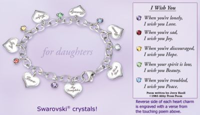 Heartfelt Wishes Sterling Silver-Plated Charm Bracelet Gift for Daughter - Heart Charm Bracelet is an Inspirational Jewelry Gift for Daughters! With Six Swarovski&reg; Crystals and Engraved Verses!