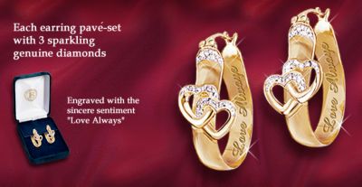 Love Always Pierced Diamond Hoop Earrings With Hearts - Pierced Diamond Hoop Earrings with Hearts! Handcrafted Sterling Silver with 24K Gold-plating! Exclusive Romantic Jewelry Gift