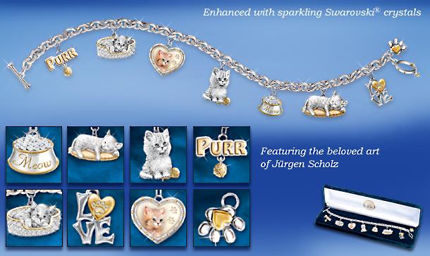 Purr-fect Companion Cat Charm Bracelet Jewelry - Exclusive Cat Charm Bracelet from Artist Jurgen Scholz Sparkles with Swarovski® Crystals! Purr-fect Cat Lover Gift!