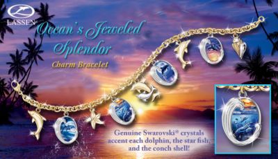Oceans Jeweled Splendor Charm Bracelet: Dolphin-Lover Charm Bracelet Jewelry Gift - Exclusive Dolphin Charm Bracelet Jewelry! Christian Riese Lassen Art Jewelry, Sterling Silver, 24K-Gold Plating, Swarovski Crystals