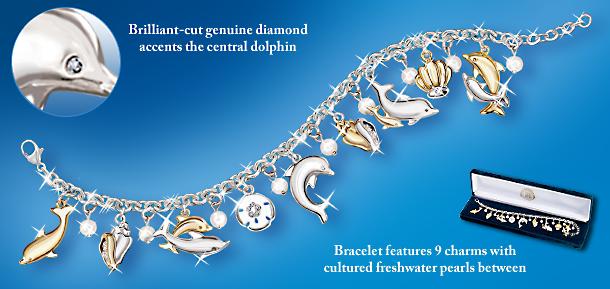 Silver And Gold Jeweled Dancers Dolphin Charm Bracelet With Swarovski® Crystals - Dazzling Dolphin Charm Bracelet with Swarovski® Crystals and Pearls Inspired by the Beauty of the Ocean! Exclusive!