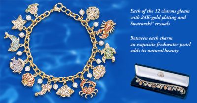 Jewels Of The Sea Swarovski Charm Bracelet With Freshwater Pearls - Swarovski Sea Charm Bracelet an Exclusive Jewelry Gift for Her! 24K Gold-plating, Freshwater Pearls, Hundreds of Crystals!
