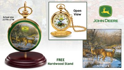 John Deere Pocket Watch - John Deere Collectible Pocket Watch Features Rosemary Millettes Whitetail Deer Art, Model "B" Tractor, 22K Gold Case