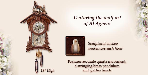 Al Agnew Natures Timeless Majesty Wall Hanging Wolf Art Cuckoo Clock - Dramatic Wolf Art Cuckoo Clock has Wolf Portraits by Acclaimed Wildlife Artist Al Agnew! Exclusive Limited-edition First