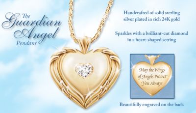 Guardian Angel Diamond Heart-Shaped Pendant Necklace - Exclusive Guardian Angel Jewelry Wraps Golden Wings of Protection Around a Heart-Shaped Diamond Pendant!