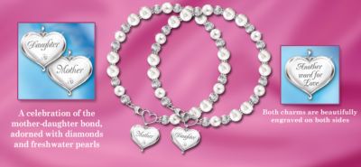 The Love We Share Pearl And Diamond Sterling Silver Bracelets With Heart Charms - Magnificent Pearl and Diamond Sterling Silver Bracelets with Heart Charms! Sentimental Mother and Daughter Jewelry Gift Set!
