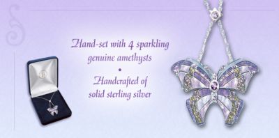 Era Of Louis Tiffany Style Shimmering Wings Amethyst Butterfly Pendant Necklace - Louis Tiffany Style Amethyst Butterfly Pendant Necklace Shimmers with 4 Genuine Amethysts! Exclusive Jewelry Gift for Her