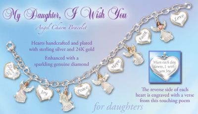 My Daughter, I Wish You Angel Charm Bracelet: Jewelry Gift For Daughters - Daughter Charm Bracelet Gift is a Sparkling Jewelry Gift for Daughters! Adorned with Heart and Angel Charms, Radiant Diamond