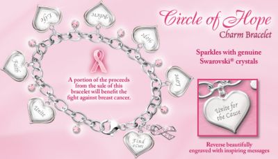 Circle Of Hope Engraved Heart Charm Bracelet: Breast Cancer Awareness Jewelry Gift - Circle of Hope! Heart Charms, Pink Ribbon Charm and Swarovski&reg; Crystals Adorn Breast Cancer Awareness Charm Bracelet