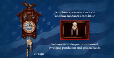 Hour Of Glory U.S. Navy Collectible Wood Cuckoo Clock - U.S. Navy Cuckoo Clock is a Time-Honored Celebration of the Heroes of the High Seas! A Collectible Navy Tribute First!
