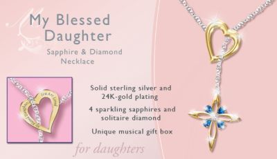 Engraved Sapphire And Diamond 18" Sterling Silver Necklace: My Blessed Daughter - Engraved Sapphire and Diamond Necklace for Daughter! 18" Sterling Silver Keepsake with Sapphires and Solitaire Diamond!