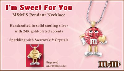 M&MS Characters Pendant Necklace: Im Sweet For You - Engraved M&MS&reg; Themed Pendant Necklace! Sparkling Red Character with Sterling Silver, Swarovski Crystals and 24K Gold!