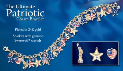 Ultimate American Patriotic Engraved Sterling Silver Charm Bracelet Jewelry - American Patriotic Charm Bracelet Jewelry! 20 Flag-waving Charms with Swarovski� Crystals, Vivid Enameling and Engraving