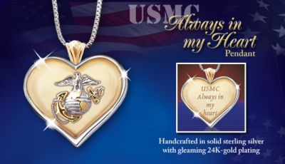 USMC Always In My Heart Pendant: Marine Corps Pendant Jewelry - United States Marine Corps Pendant Jewelry Boasts Eagle, Globe and Anchor Emblem! Exclusive Heart-shaped USMC Gift for Her