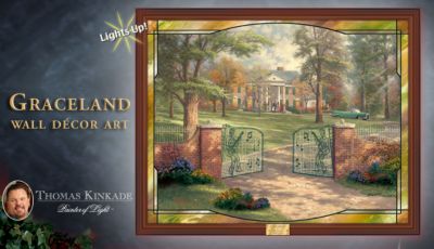 Elvis Presley Stained-Glass Wall Decor Art: Graceland By Thomas Kinkade - Elvis® Wall Decor Exclusive Features Majestic Art of Thomas Kinkade! Illuminated Stained-glass Art of Graceland®!