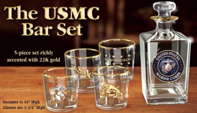 United States Marine Corps Liquor Decanter And Glasses 5-Piece Set: USMC Bar Set - Salute the USMC with United States Marine Corps Bar Accessories! Exclusive Whiskey or Liquor Decanter and Glasses!