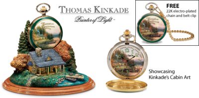 Thomas Kinkade The End Of A Perfect Day Pocket Watch - Thomas Kinkades Painting on a Collectible Pocket Watch! Exclusive First is a 22K Gold-plated Heirloom-Quality Timepiece