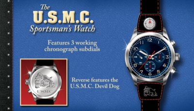United States Marine Corps - U.S.M.C. Sportsmans Watch - Exclusive U.S.M.C. Sportsmans Watch Salutes Pride and Precision! Handcrafted of Stainless Steel with Marine Mascot Etching!