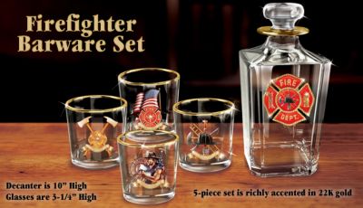 The Firefighter Whiskey Decanter Bar Set - Exclusive, First-of-a-Kind Firefighter-themed Whiskey Decanter Bar Set! Give Tribute to Brave Firefighters Everywhere!